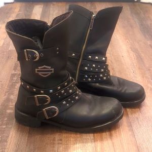 Women's Harley Davidson calf height leather riding boots with studded straps